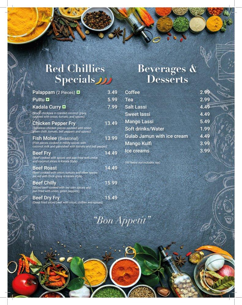 Menu at Red Chillies Flavours of India restaurant, Bedford