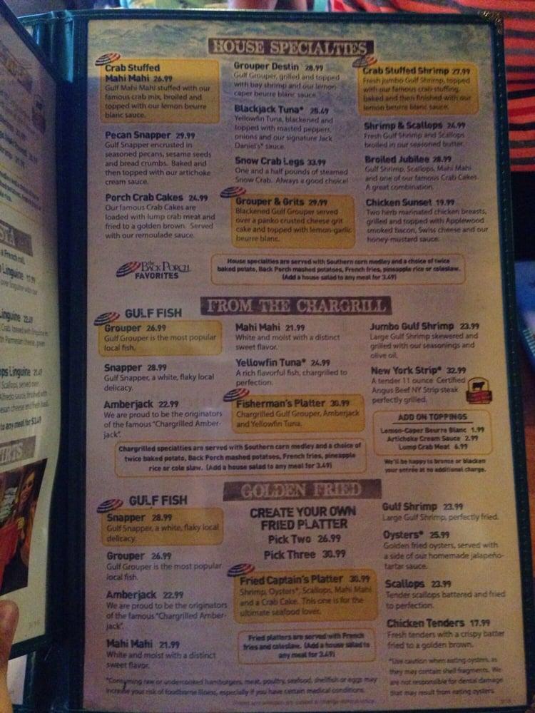 Menu at The Back Porch restaurant, Destin