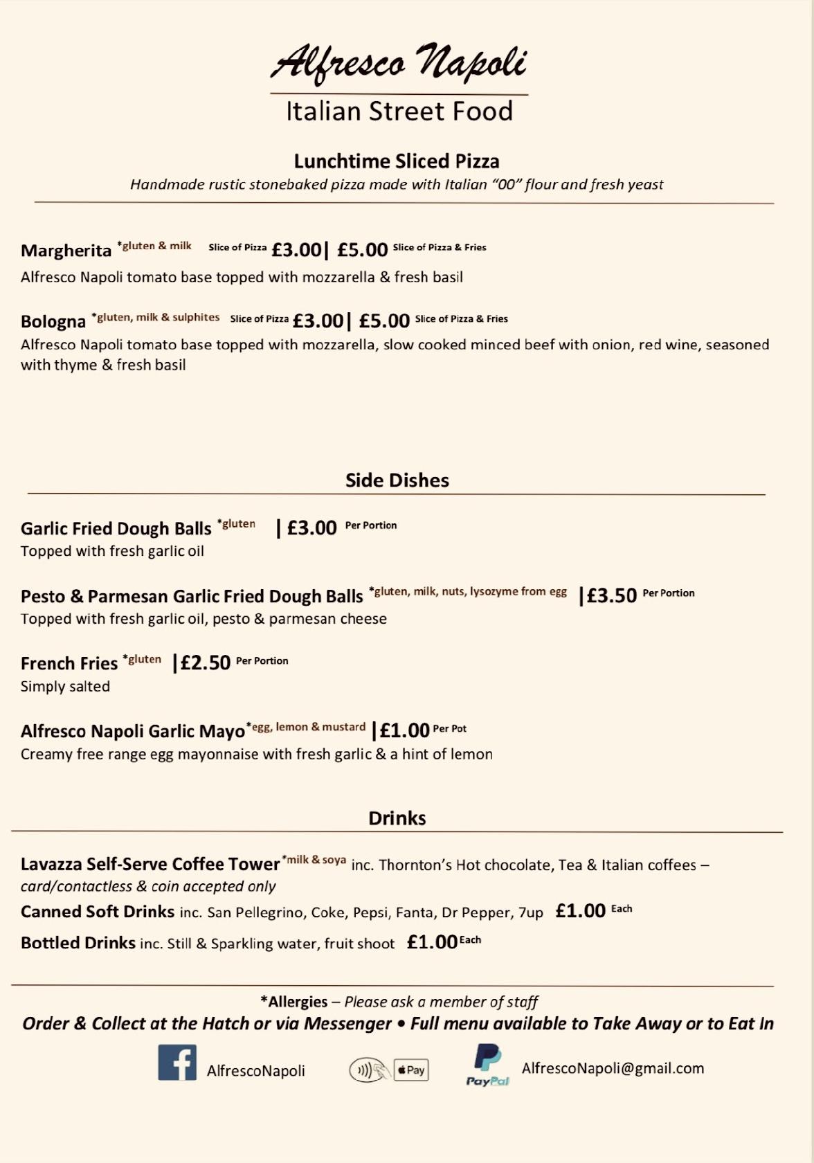 Menu at AlfrescoNapoli restaurant, Newton Aycliffe