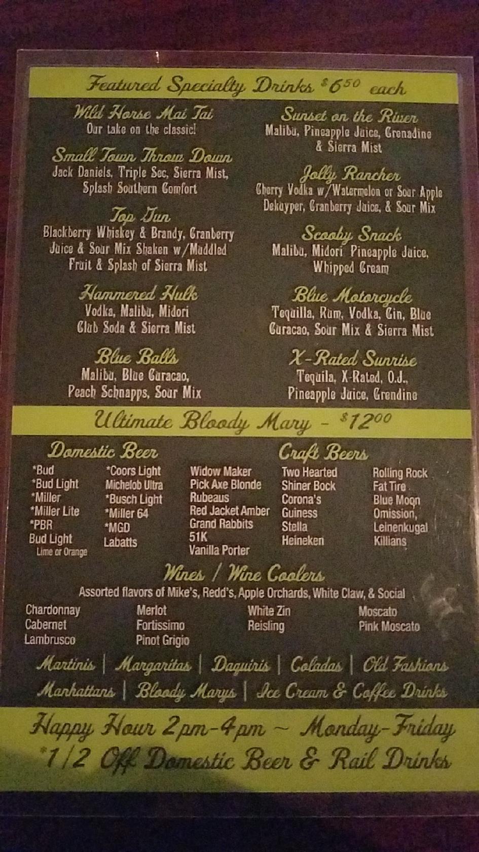 Menu at Wild Horse Saloon pub & bar, Iron Mountain
