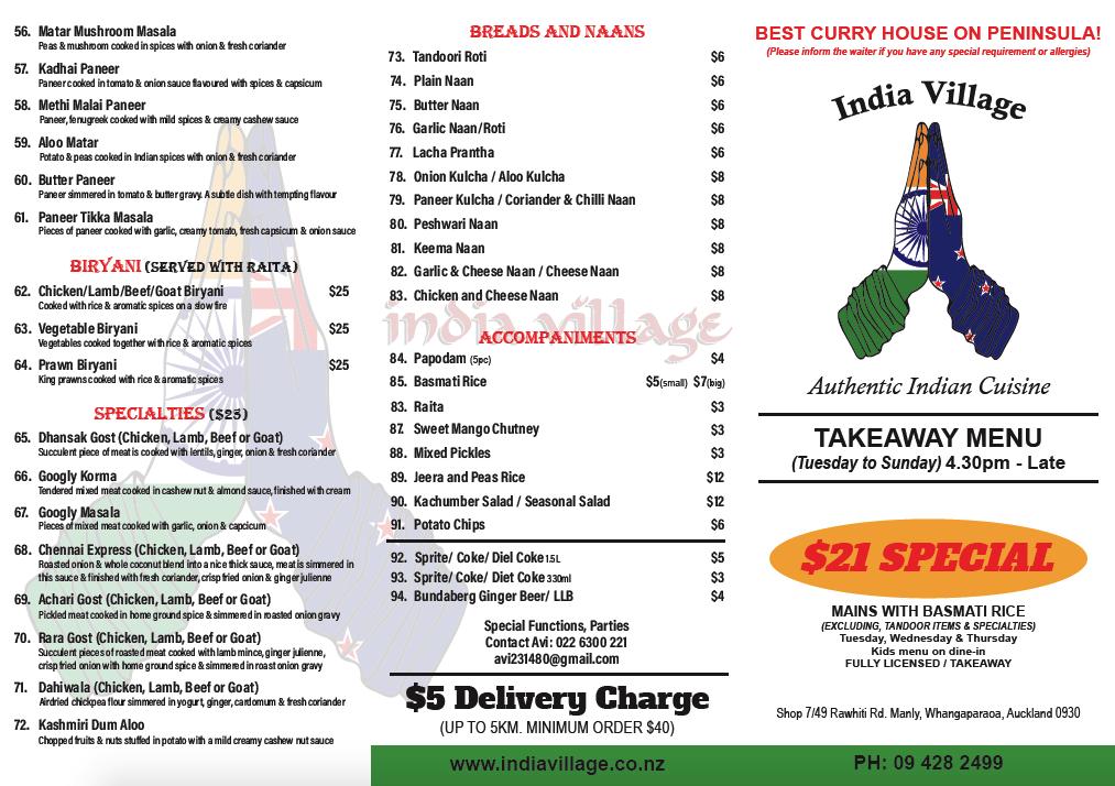 Menu at India Village Restaurant, Auckland, 7/49 Rawhiti Rd