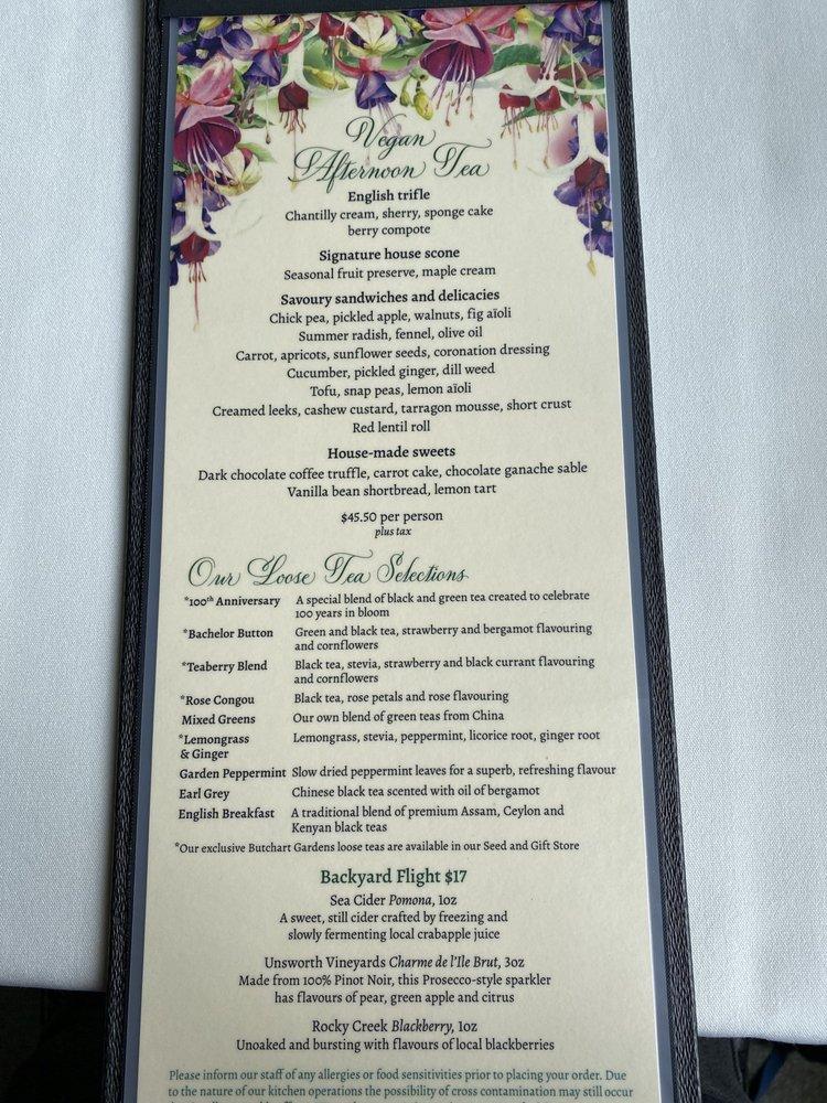 Menu at The Dining Room at Butchart Gardens restaurant, Brentwood Bay