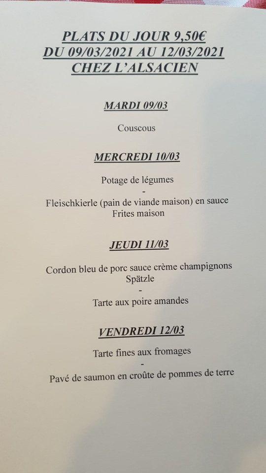 Menu au Chez l'Alsacien restaurant, Lommerange