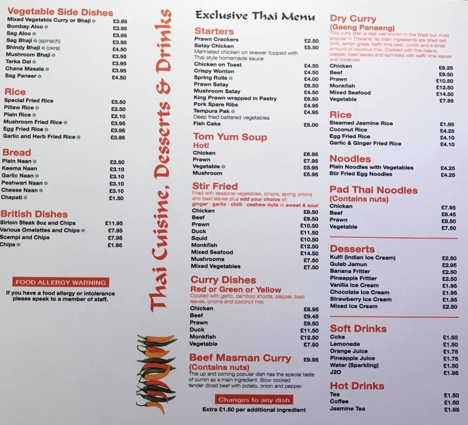 Menu at IndianThai restaurant, Brixham