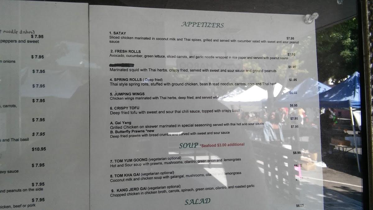 Menu at Thai Jasmine restaurant, Tracy