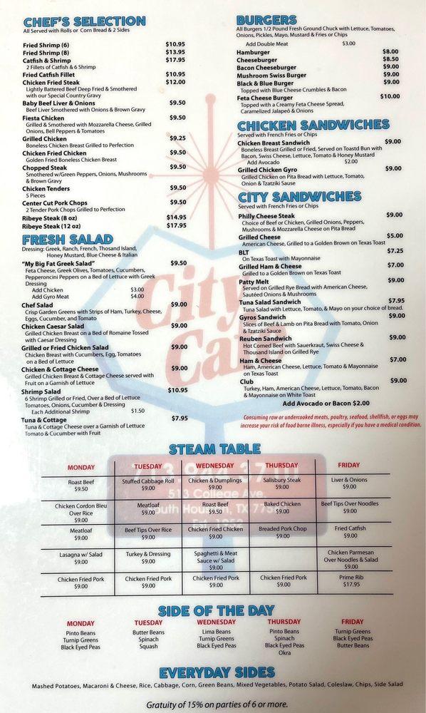 Menu at City Cafe, South Houston, 513 College Ave