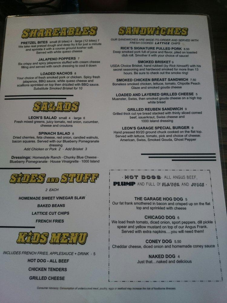 Menu at Leon's Garage pub & bar, Marysville