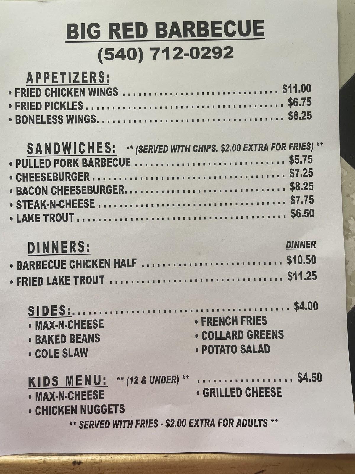 Menu at Big Red Barbecue, Staunton