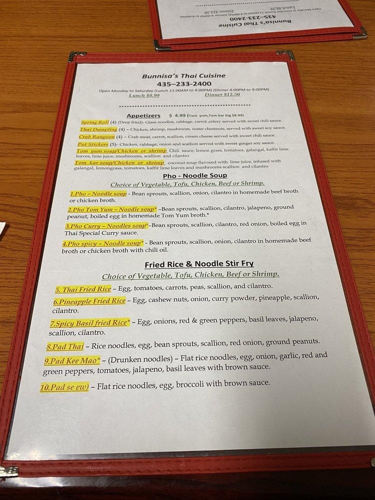 Menu at Bunnisa's Thai Cuisine restaurant, Cedar City