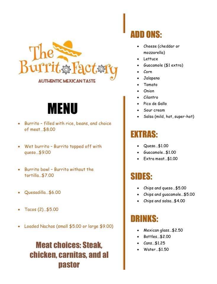 Menu at Burrito Factory restaurant, Muscatine