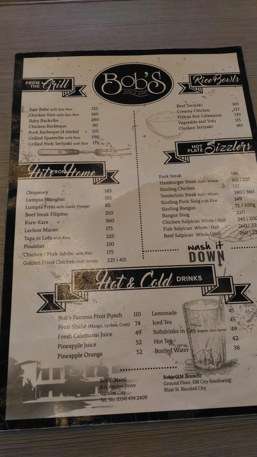 Menu at Bob's restaurant, Bacolod, Bacolod City 6100
