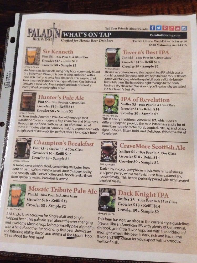 Menu at Paladin Brewing pub & bar, Austintown