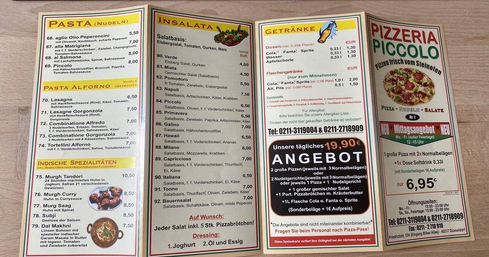 Speisekarte von Pizzeria Piccolo, Düsseldorf, Friedrichstraße 124