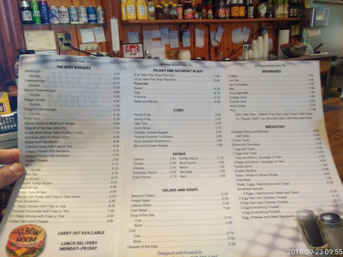 Menu at Elbow Room restaurant, Albert Lea
