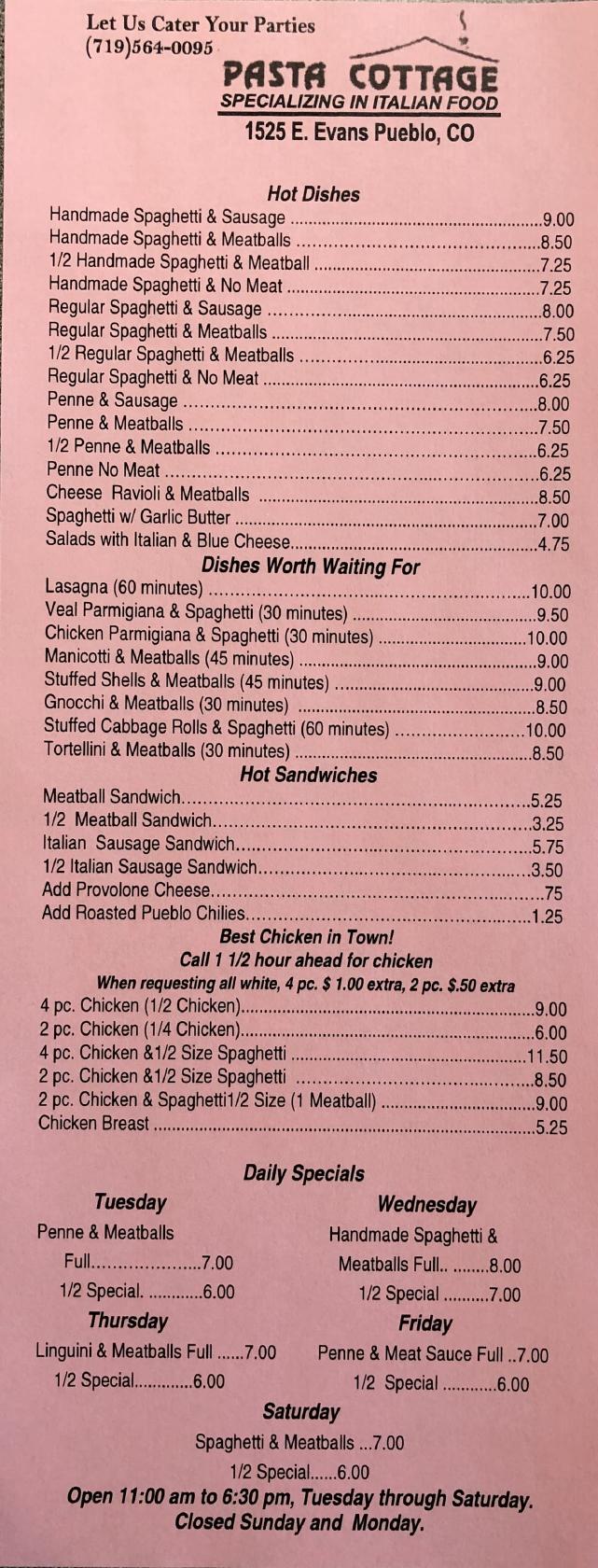 Menu at Pasta Cottage restaurant, Pueblo