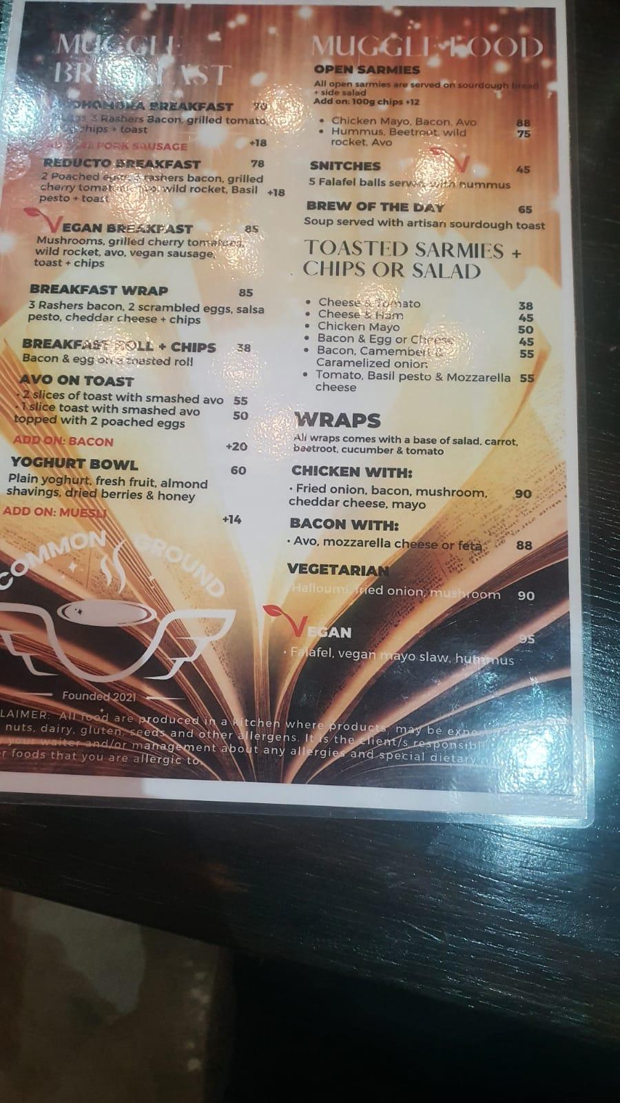 Menu at The Shire Harry Potter merchandise store and cafe, Hillcrest