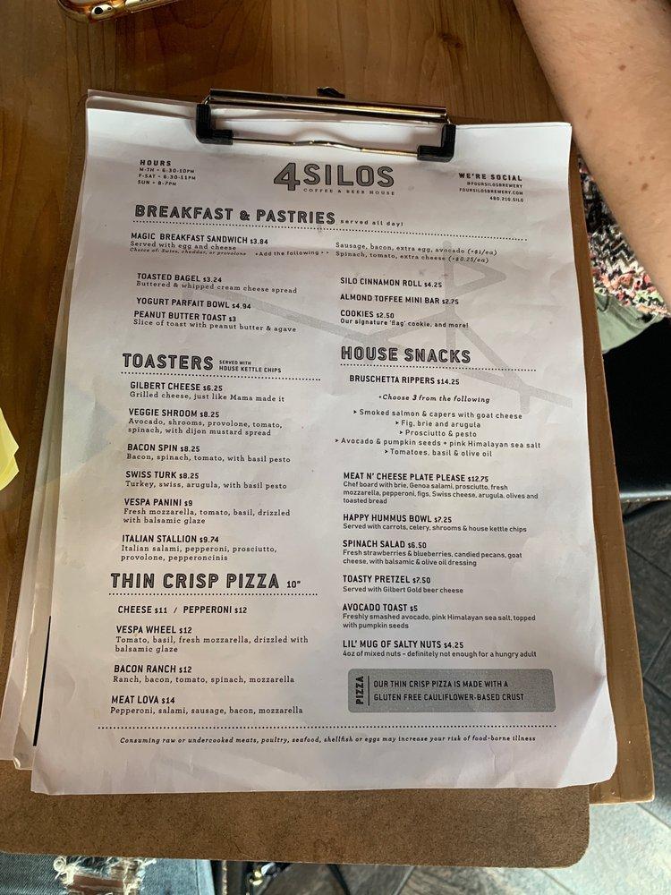 Menu at Four Silos Craft Coffee & Beer House pub & bar, Gilbert