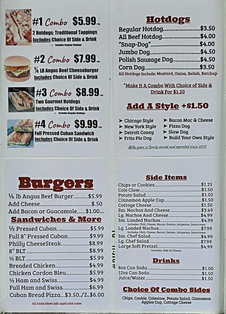 Menu at Willy-Yums Hotdogs & More restaurant, Bradenton