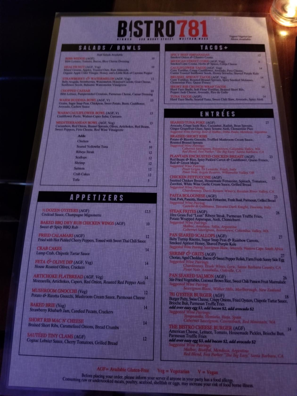 Menu at Bistro781 pub & bar, Waltham