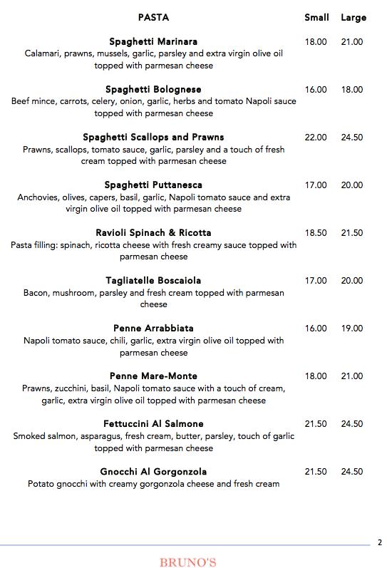 Menu at Bruno's Italian Restaurant & TakeAway, Lightning Ridge
