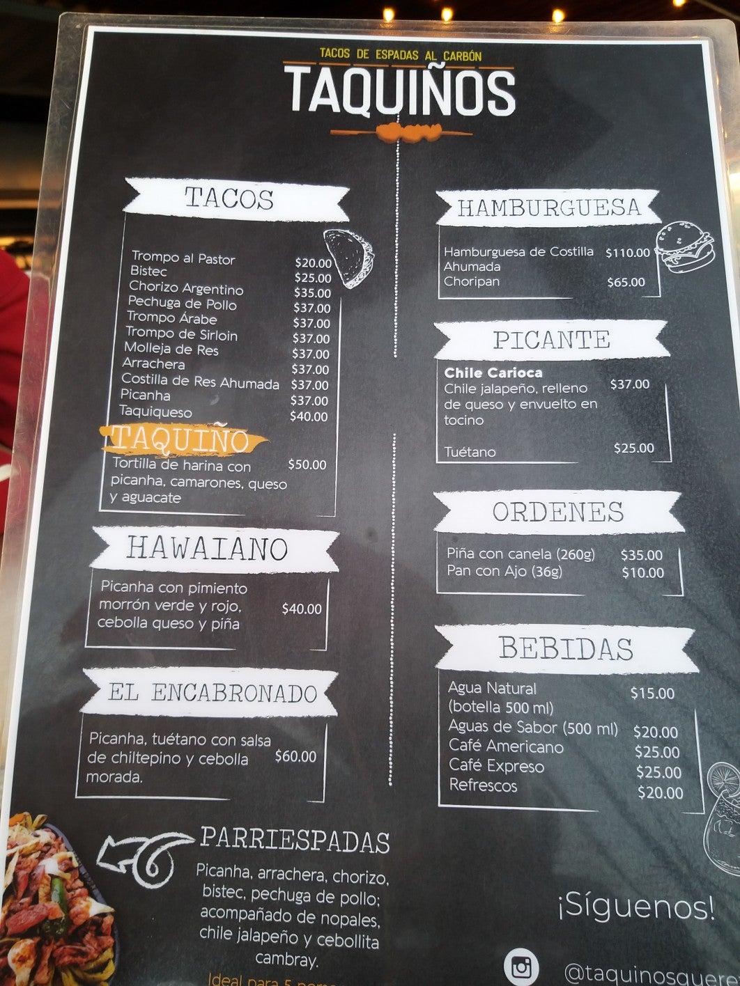 Carta del restaurante TAQUIÑOS NACIÓN, Santiago del Querétaro