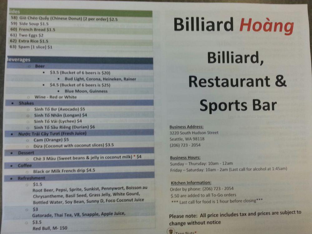 Menu at Billiard Hoang restaurant, Seattle