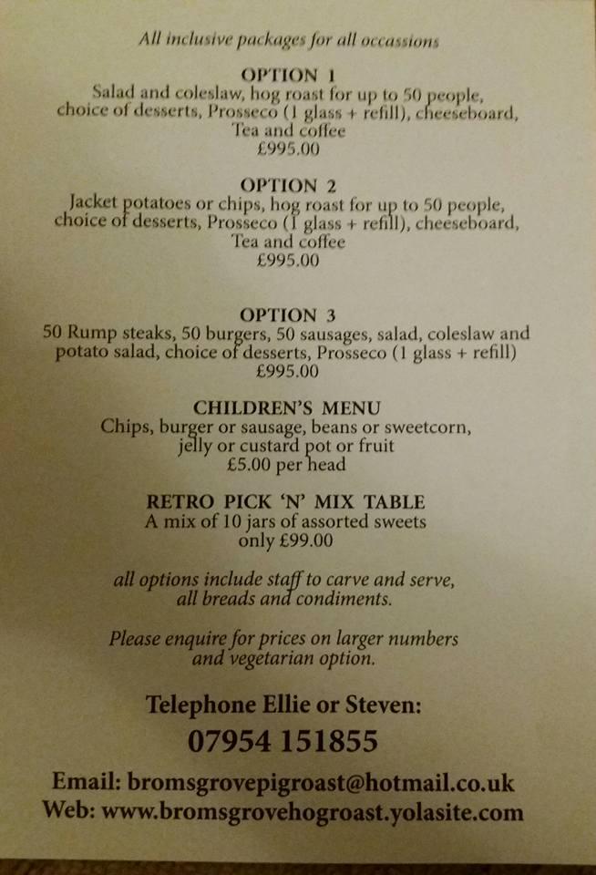Menu at Bromsgrove hog roast, Worcester