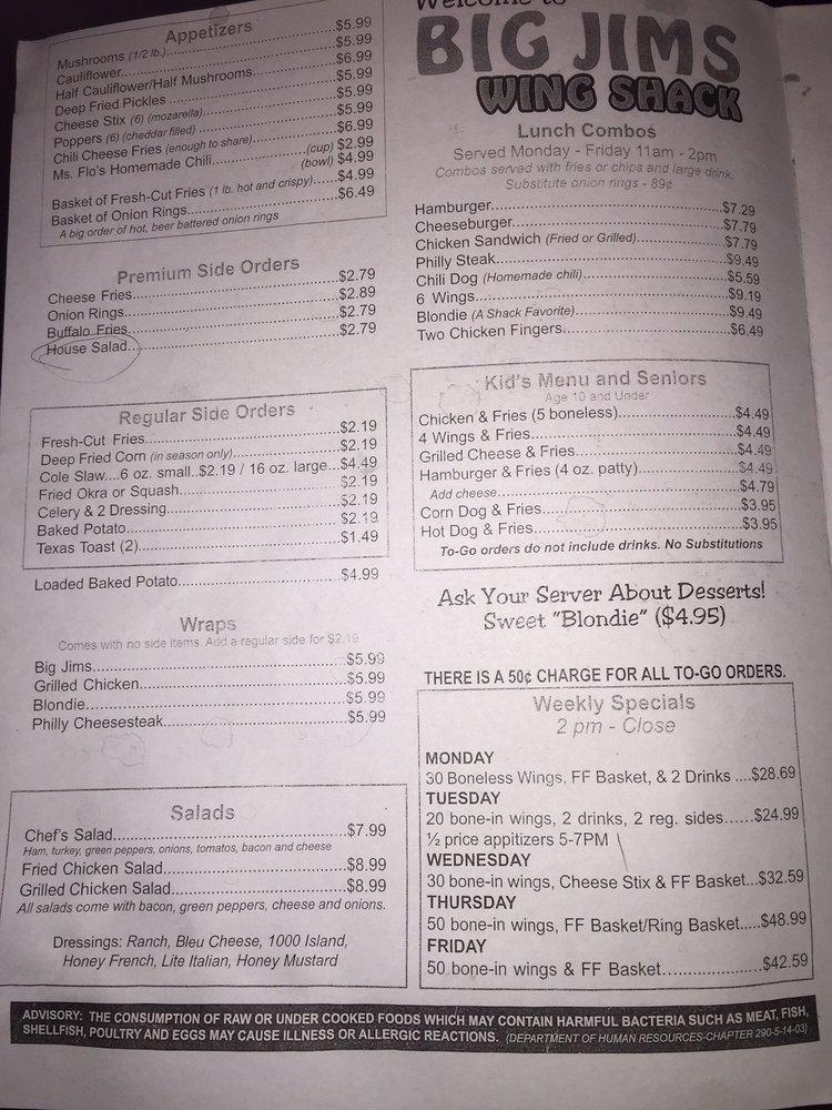Menu at Big Jim's Wing Shack restaurant, Griffin