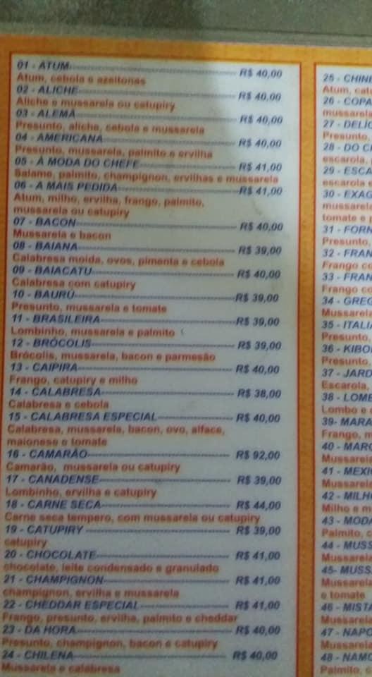 Pizzaria Cally cardápio