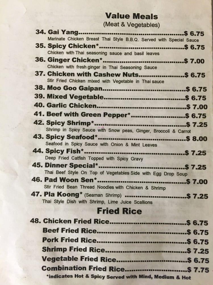Menu at Thai Pepper restaurant, Lubbock