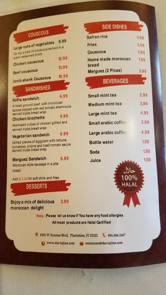 Menu at Dar Tajine Moroccan Restaurant, Plantation