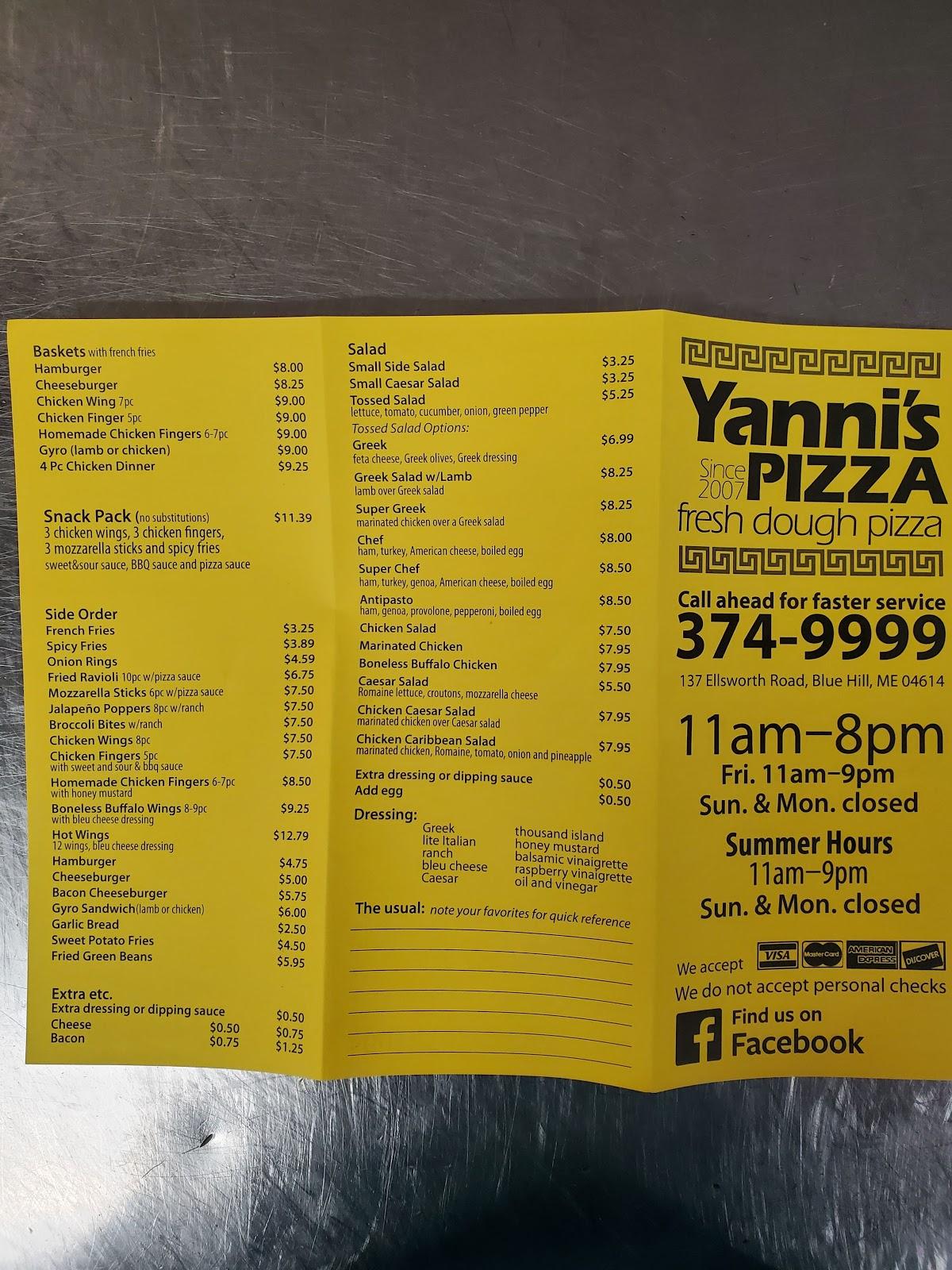 Menu at Yannis Pizza Blue Hill pizzeria, Blue Hill