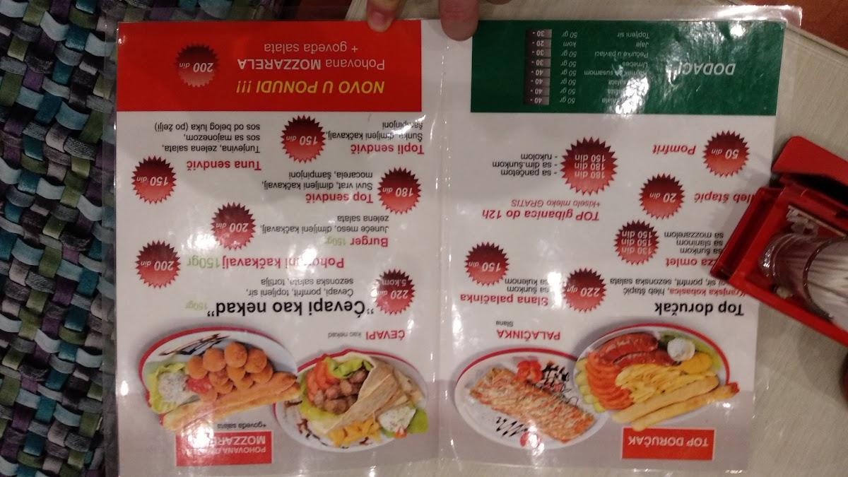 Menu at Pizza Top restaurant, Kruševac