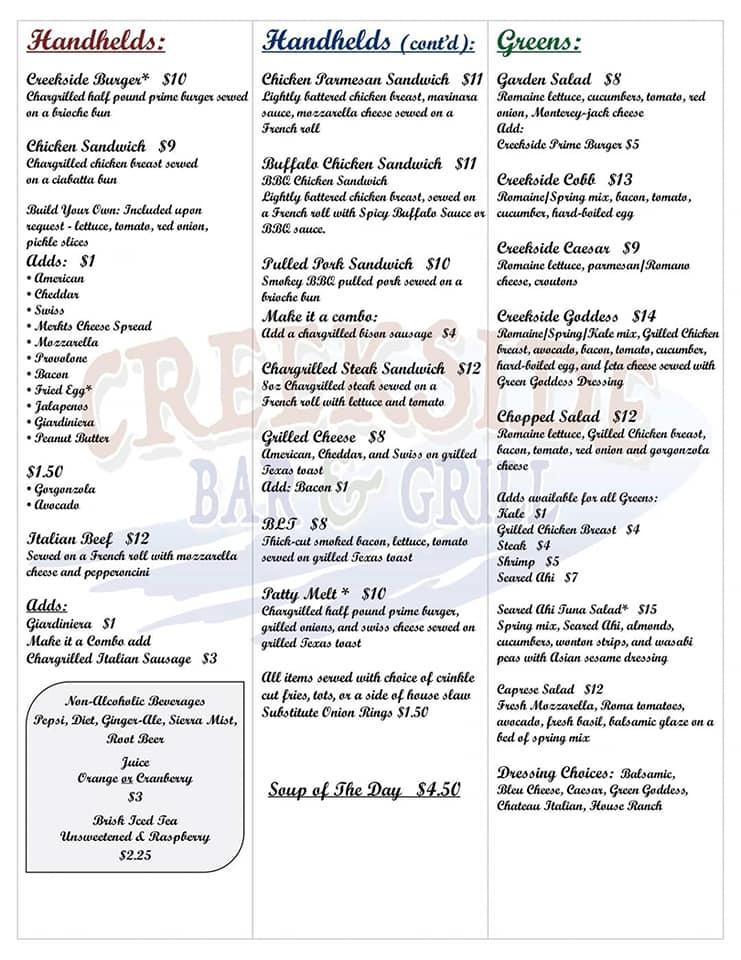 Menu at Creekside Bar & Grill, Michigan City