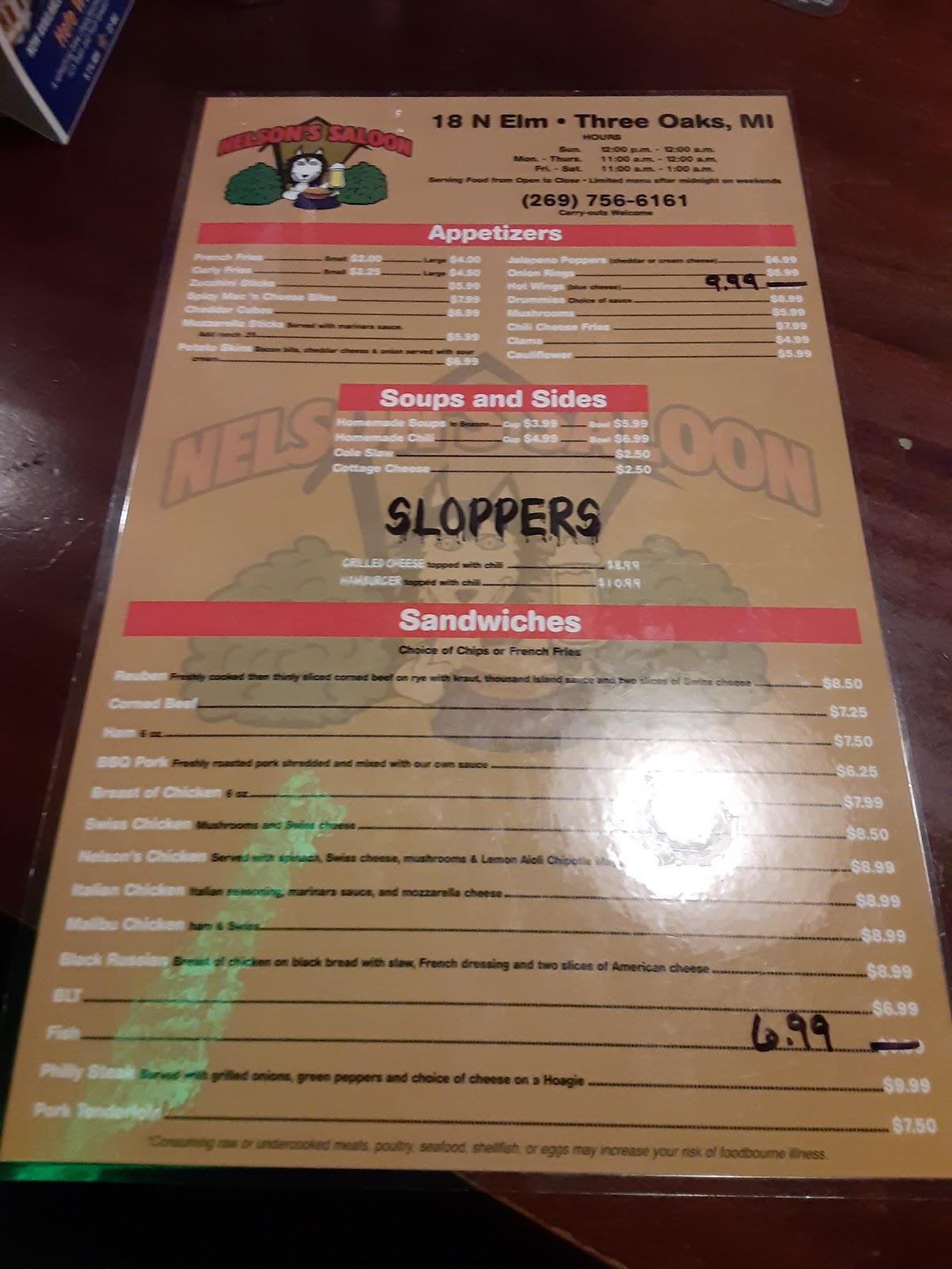 Menu at Nelson's Saloon pub & bar, Three Oaks