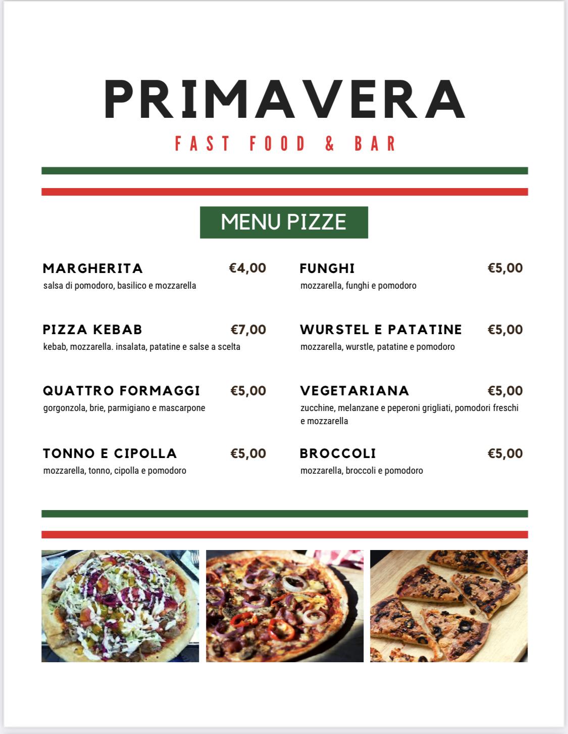 Menu at Primavera Fast-Food Bar, Pisa