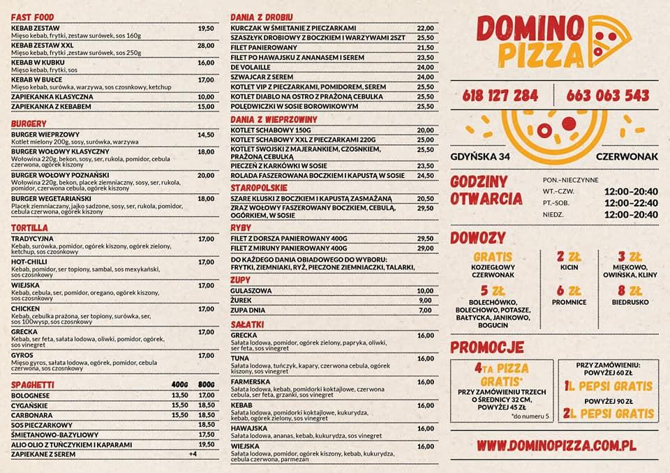 Menu at Domino Pizza restaurant, Czerwonak