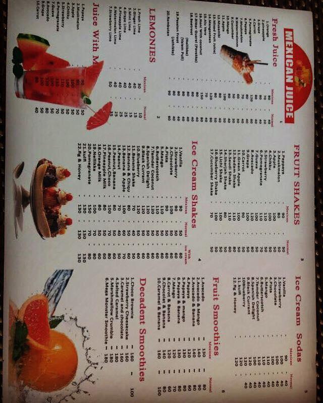 Menu at Mexican Juice Store, Kottayam