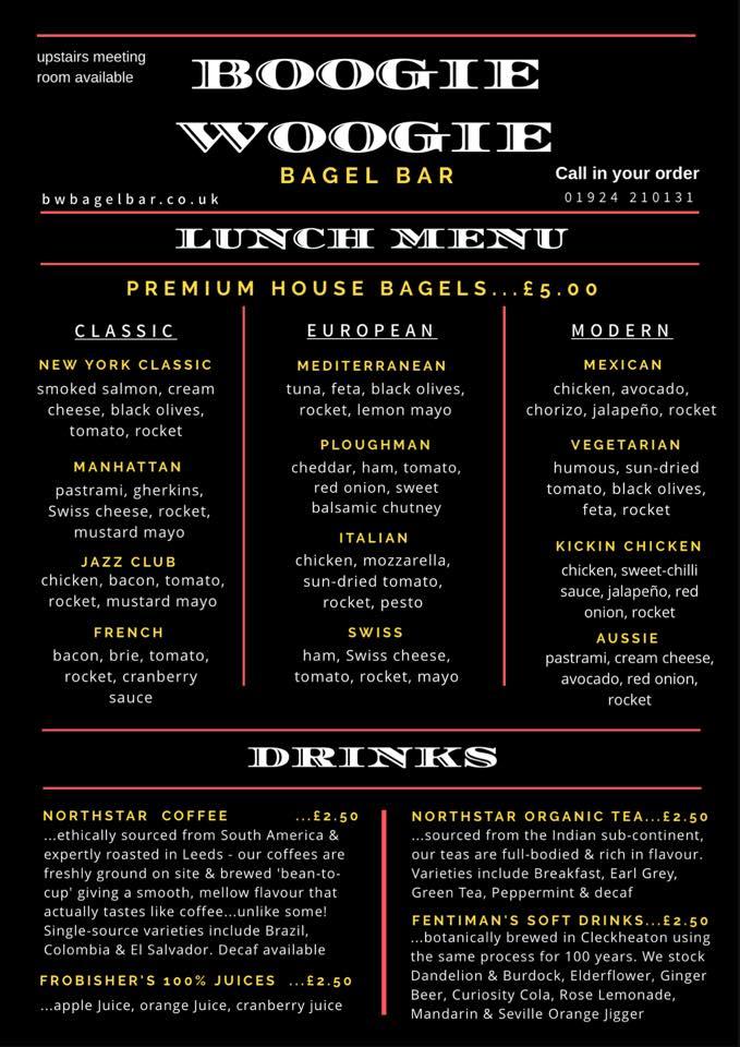 Menu at Boogie Woogie Bagel Bar, Wakefield