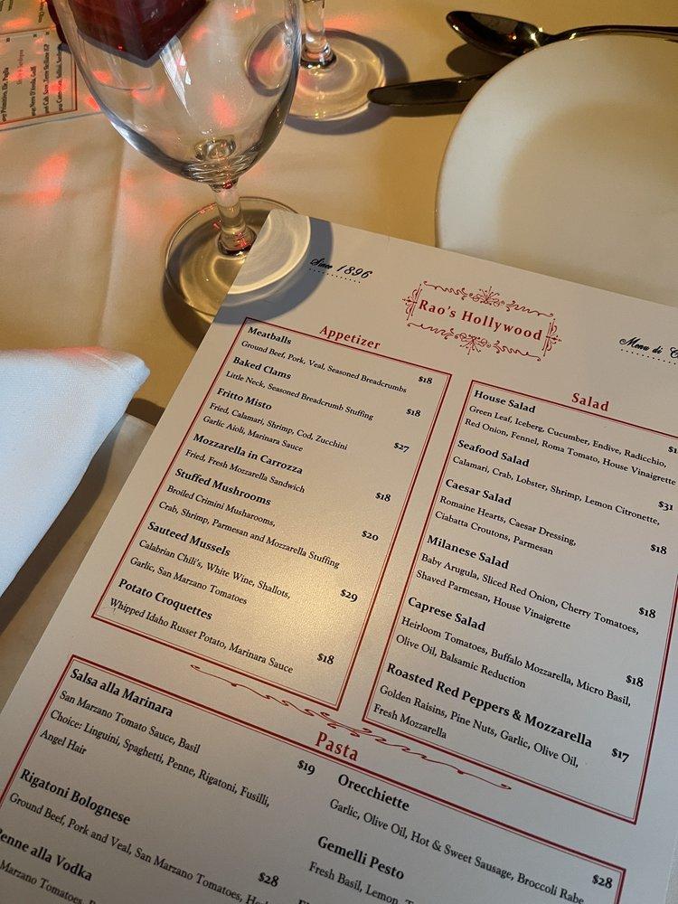 Menu at Rao's restaurant, Los Angeles
