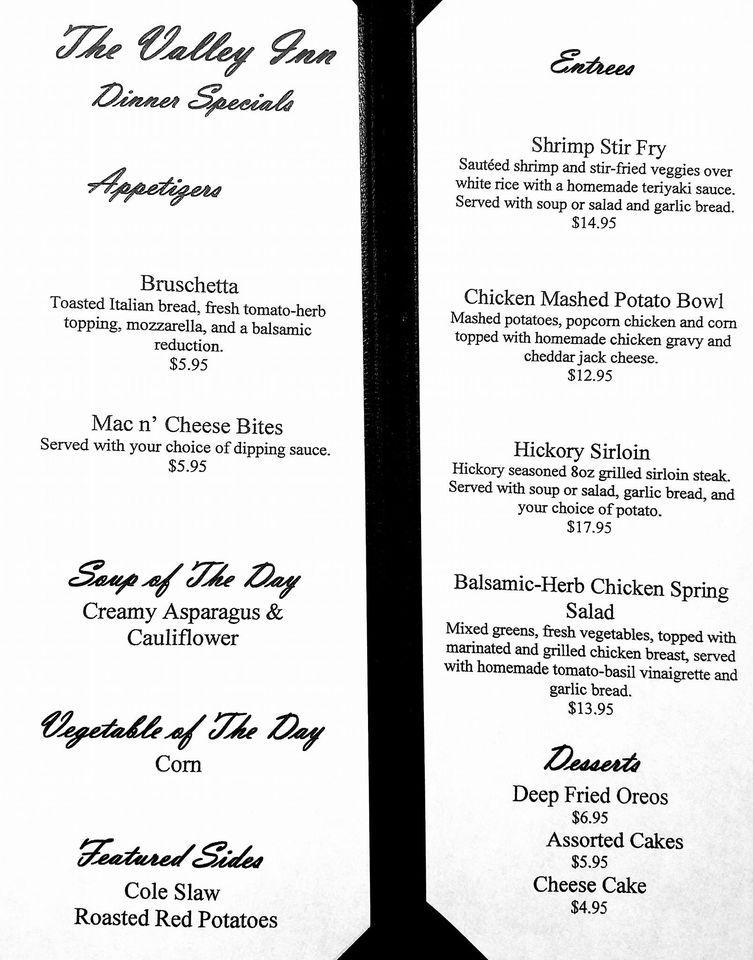 Menu at Valley Inn pub & bar, Williamsport