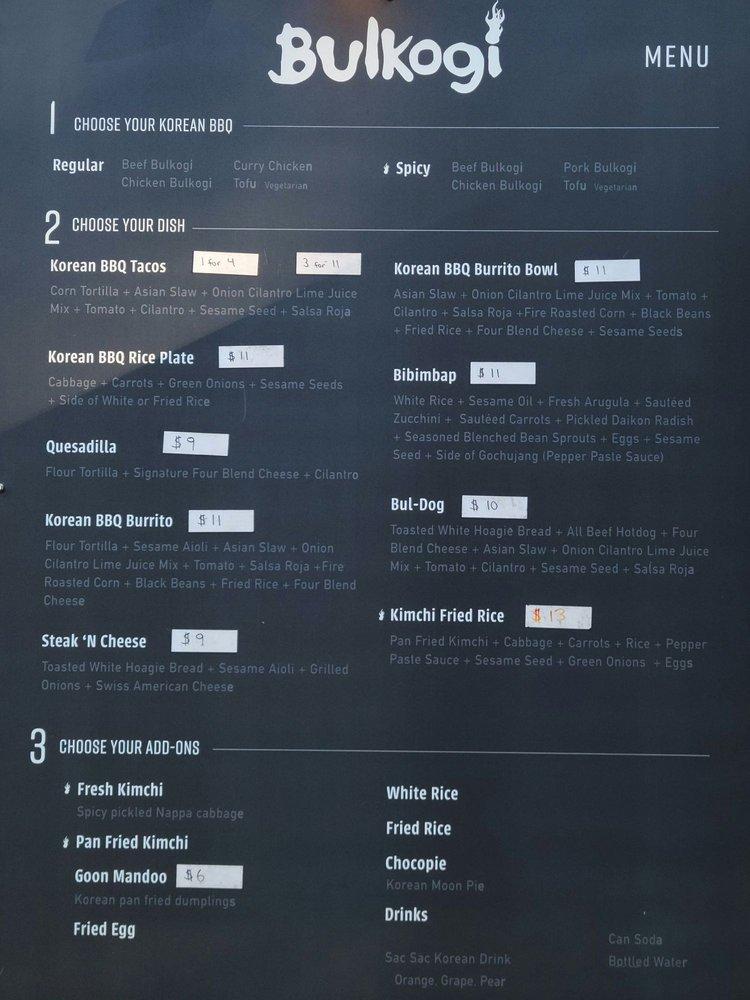 Menu at Bulkogi Truck restaurant, USA