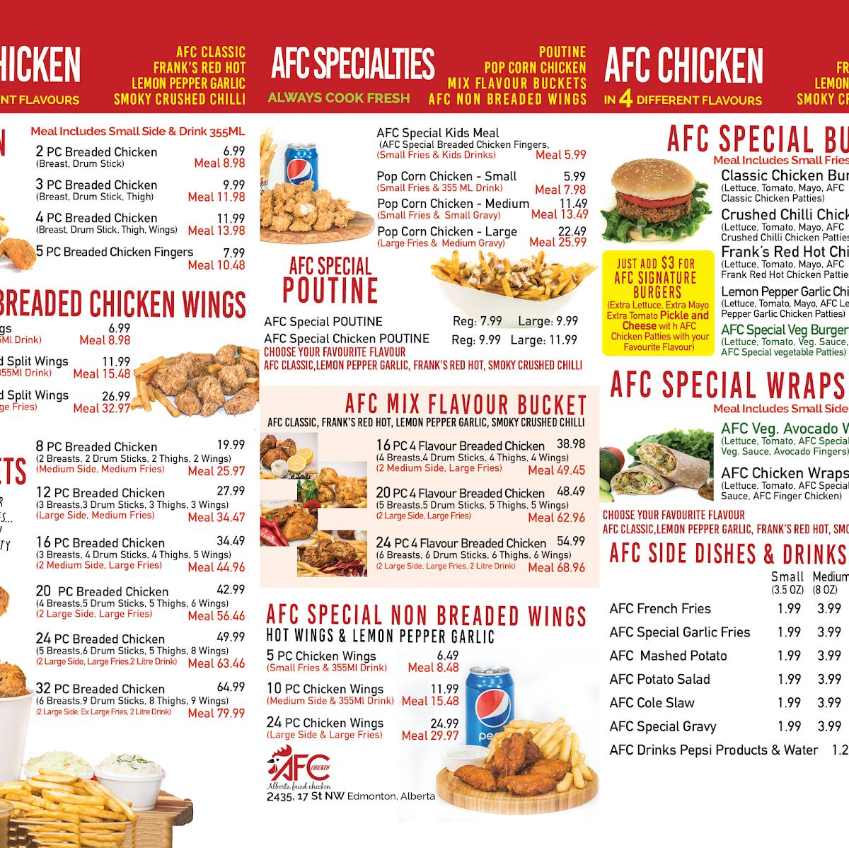 Menu at AFC Chicken fast food, Edmonton, 17 St NW