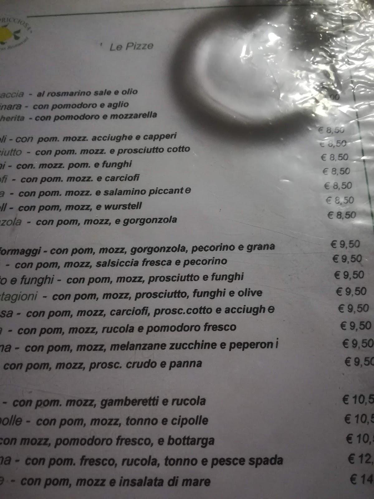 Menu da La Capricciosa ristorante, Golfo Aranci
