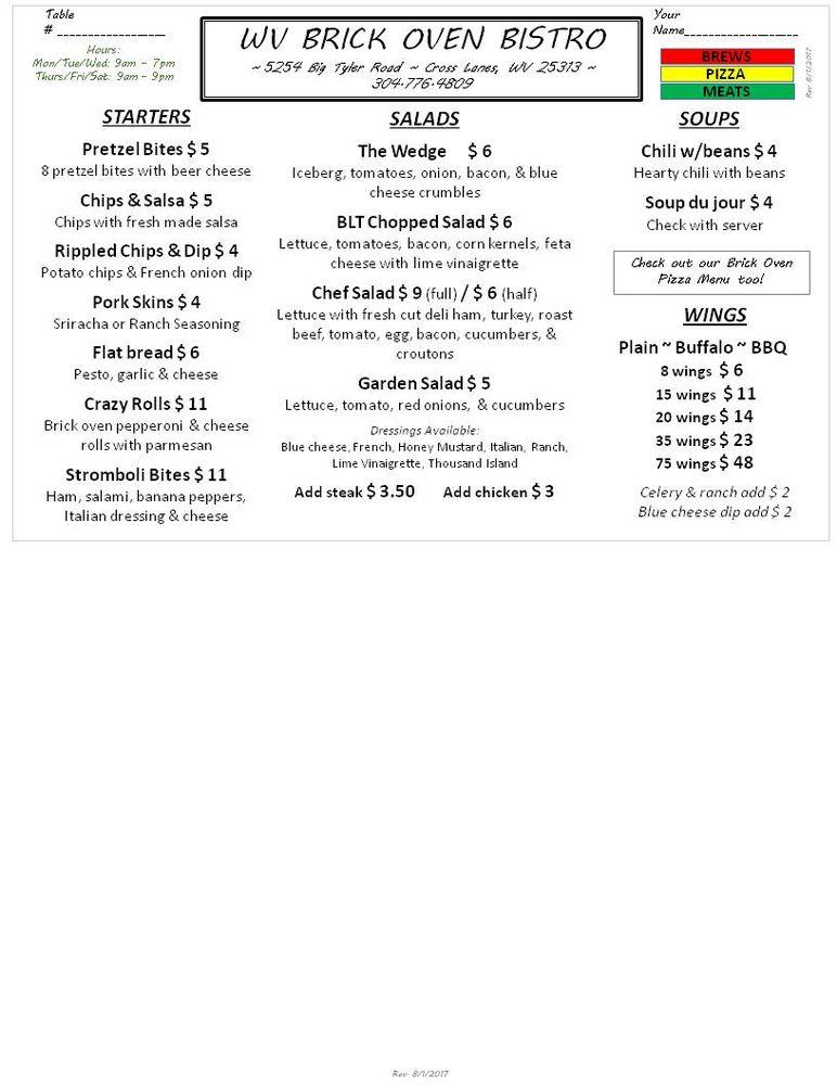 Menu at T & M Meats / WV Brick Oven Bistro pub & bar, Cross Lanes, Big