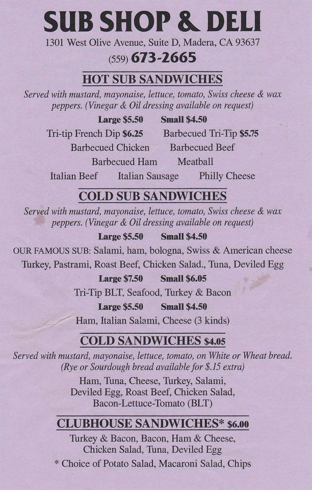 Menu at Sub Shop & Deli restaurant, Madera