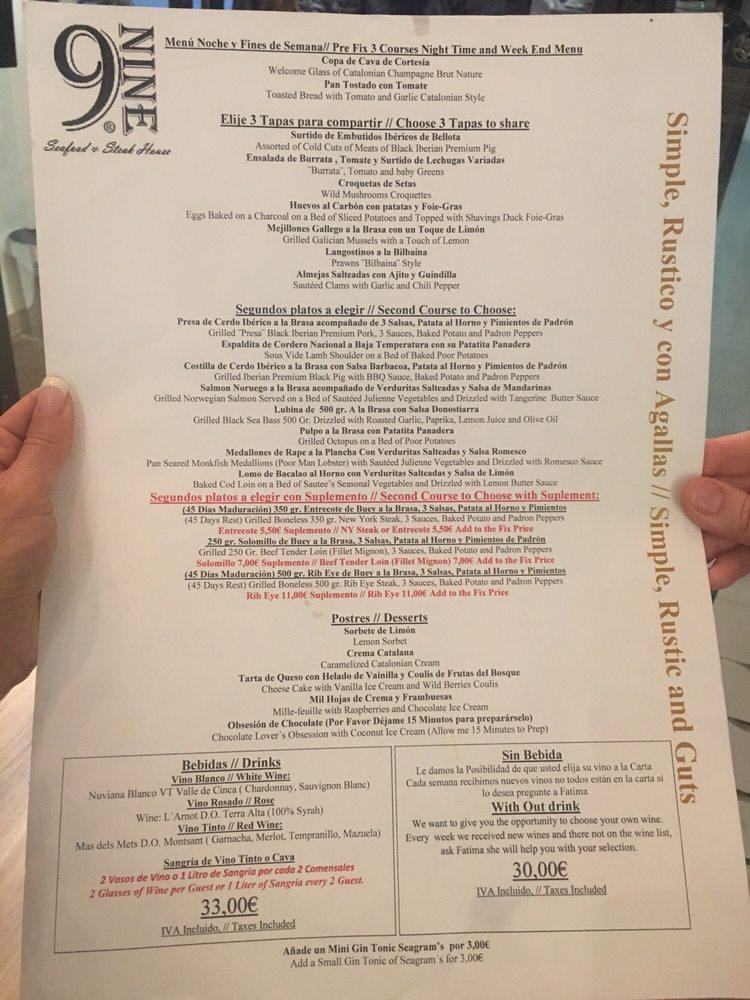 Menu at Nine Barcelona, Barcelona