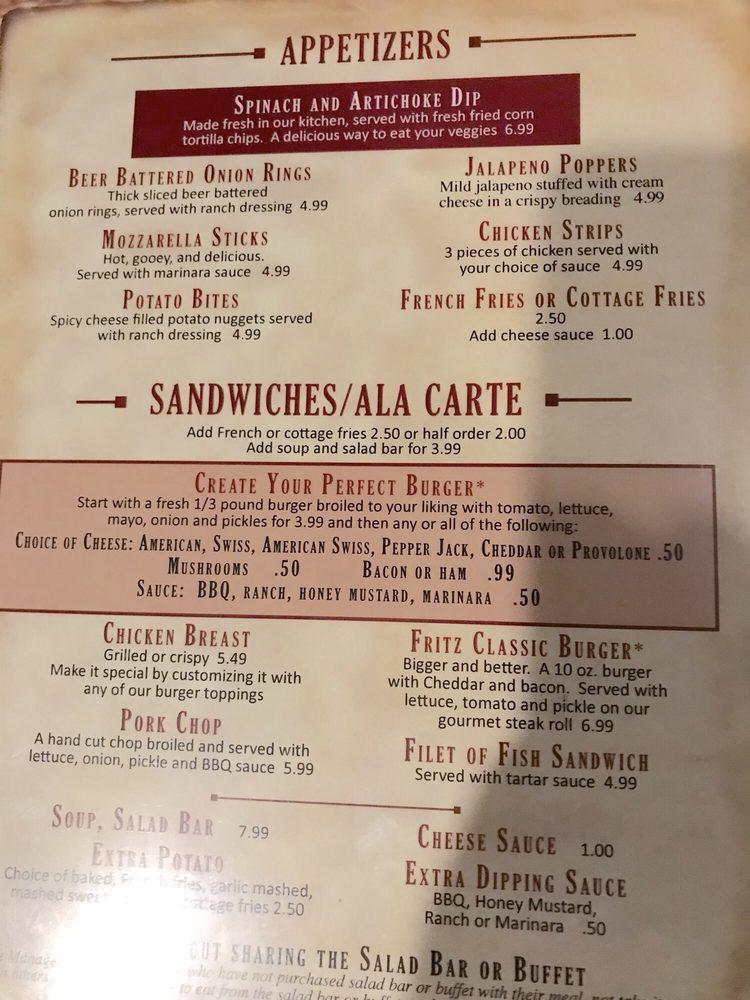 Menu at Fritz's Wooden Nickel steakhouse, Stillman Valley