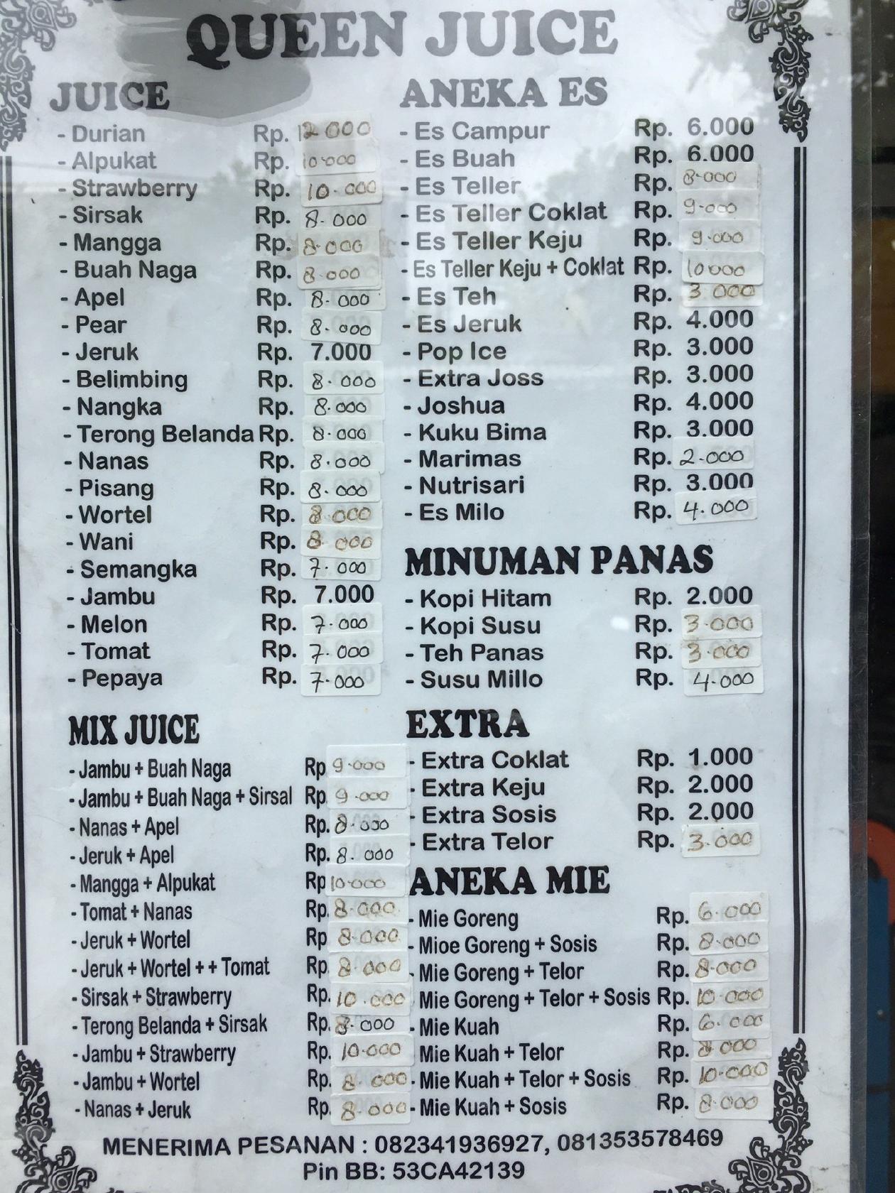 Carta del café Queen Juice, Denpasar
