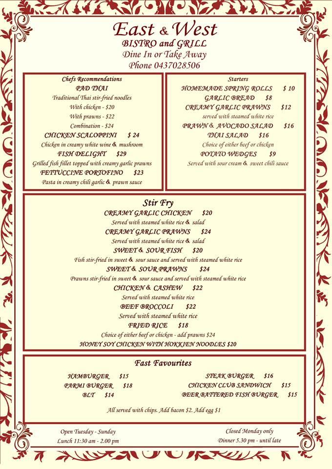 Menu at East & West Bistro and Grill pub & bar, Fremantle